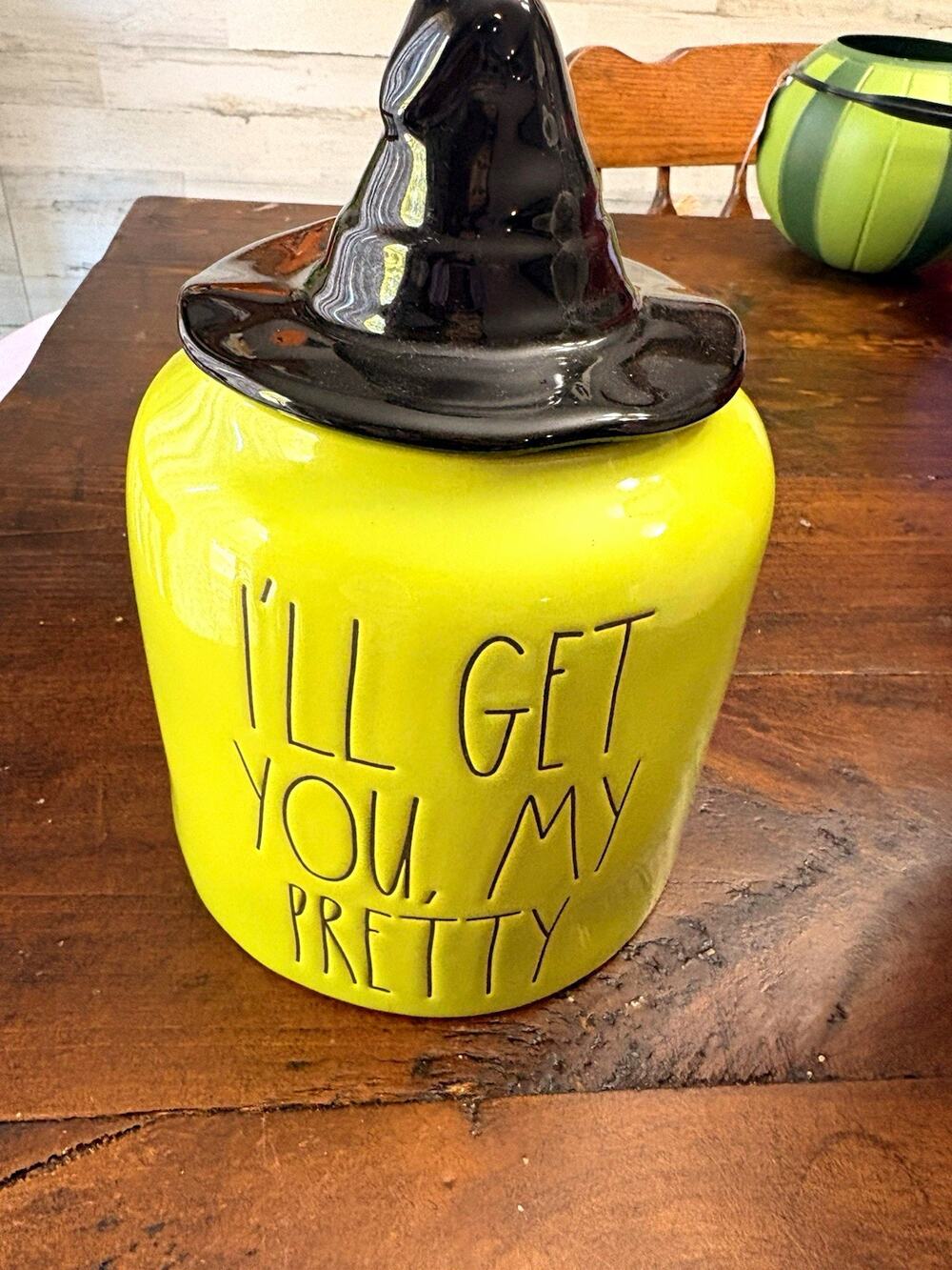 Rae Dunn Halloween Witch Cookie Jar "I'll Get You, My Pretty" Yellow/Black 10"